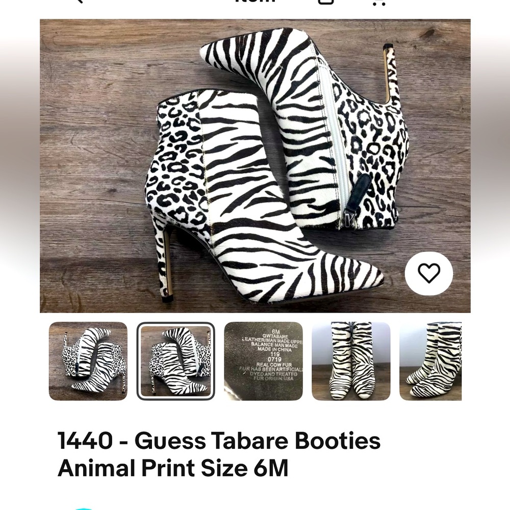 Guess Tabare Booties Animal Print Size 6M. Calf hide leather white and black.